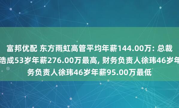 富邦优配 东方雨虹高管平均年薪144.00万: 总裁及非独立董事杨浩成53岁年薪276.00万最高, 财务负责人徐玮46岁年薪95.00万最低